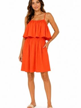Faithfull the Brand Coral Orange Ruffle Linen Dress Sz 10